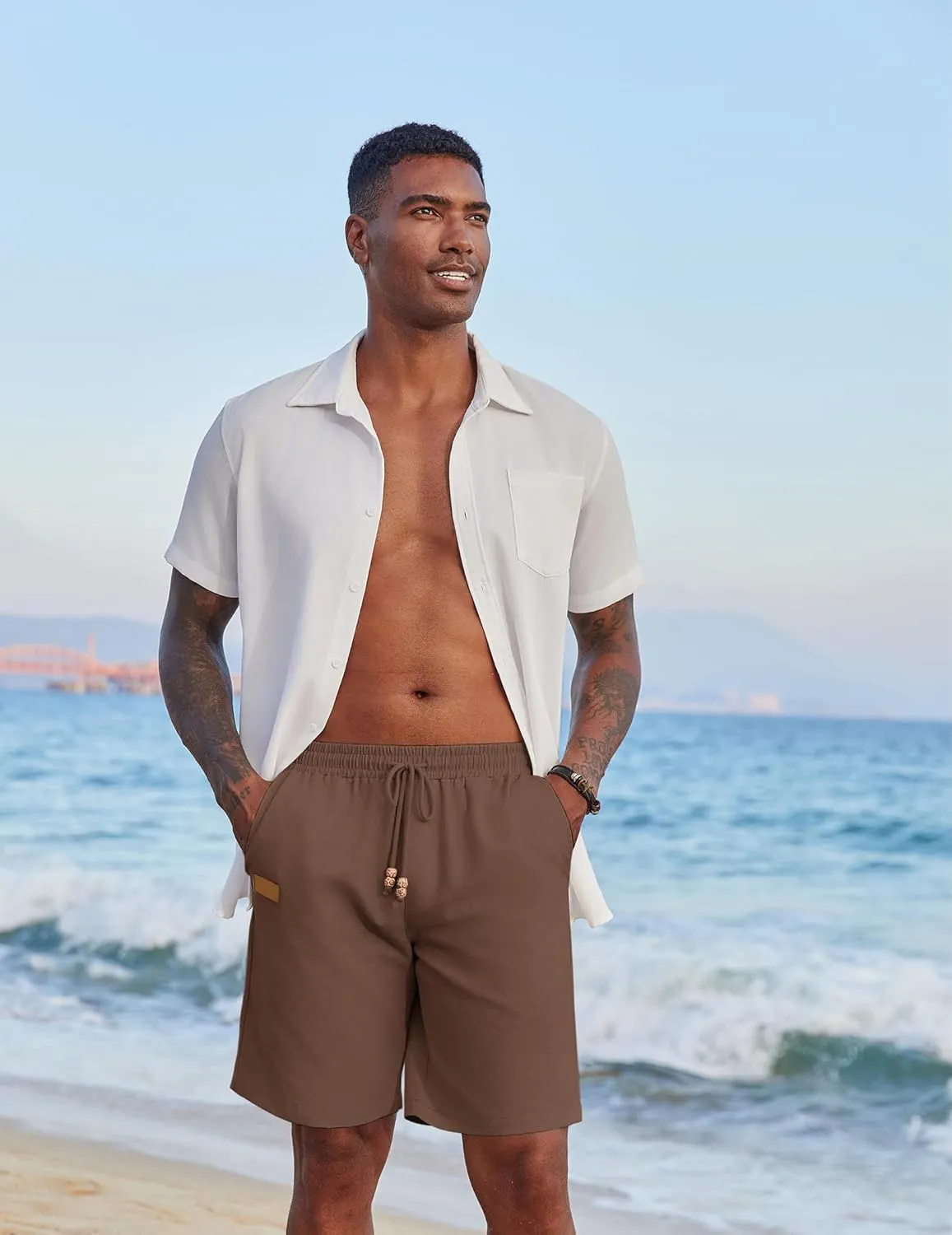 COOFANDY Mens Casual Linen Shorts Elastic Waist Drawstring Loose Fit Summer Beach Vacation Shorts with Pockets