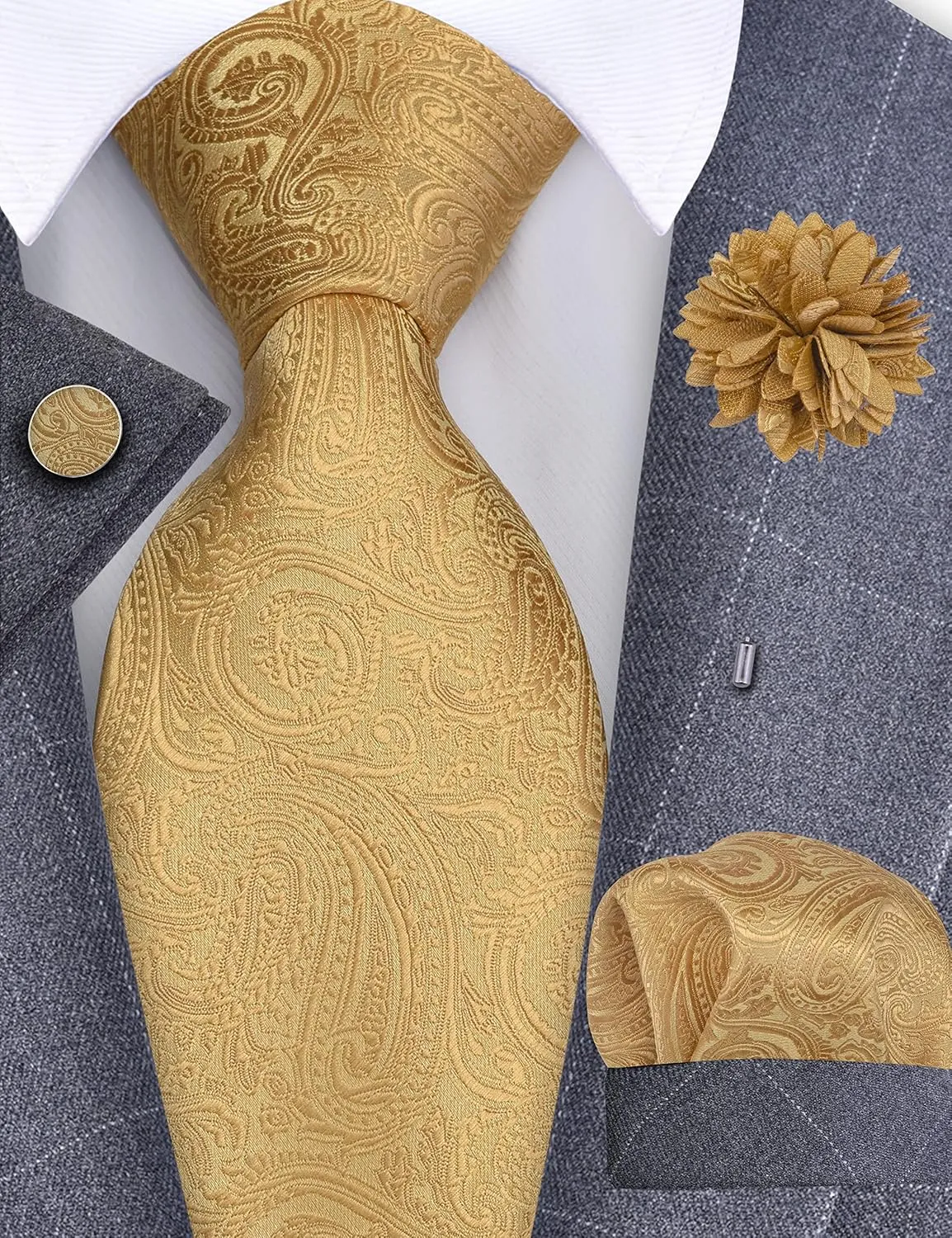GUSLESON 3.15"??8cm?? Mens Tie and Lapel Pin Paisley Necktie Hankerchief Cufflinks Set for Men
