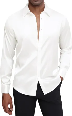 J.VER Men's Silk Satin Long Sleeve Dress Shirts Shiny Casual Button Down Shirt Luxury Party Prom Shirts