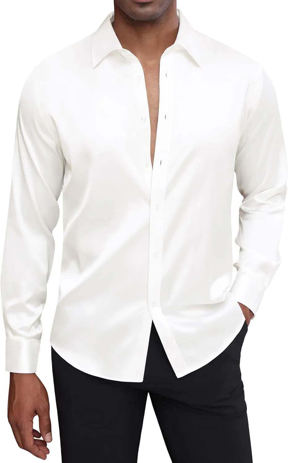 J.VER Men's Silk Satin Long Sleeve Dress Shirts Shiny Casual Button Down Shirt Luxury Party Prom Shirts