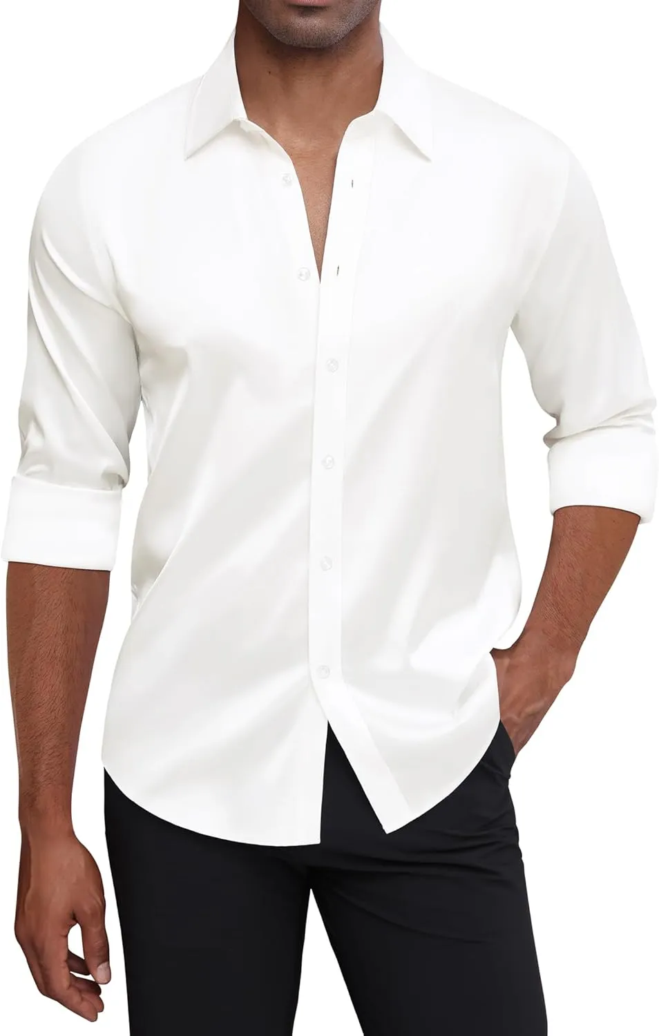J.VER Men's Silk Satin Long Sleeve Dress Shirts Shiny Casual Button Down Shirt Luxury Party Prom Shirts