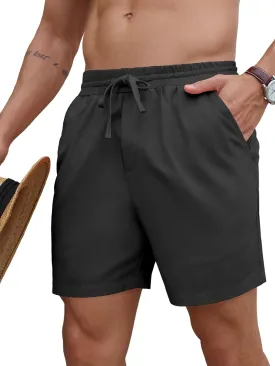 PLEPAN Mens 5 Inch Linen Shorts - Casual Elastic Waist Drawstring Summer Beach Shorts with Pocket
