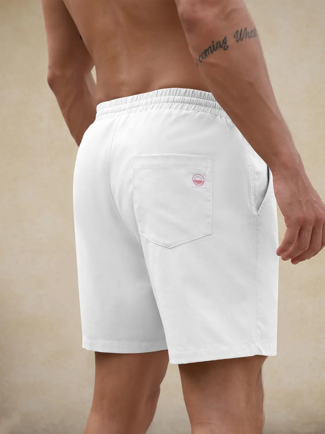 PLEPAN Mens 5 Inch Linen Shorts - Casual Elastic Waist Drawstring Summer Beach Shorts with Pocket