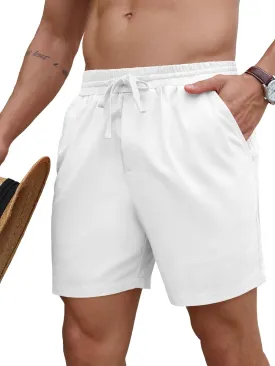 PLEPAN Mens 5 Inch Linen Shorts - Casual Elastic Waist Drawstring Summer Beach Shorts with Pocket