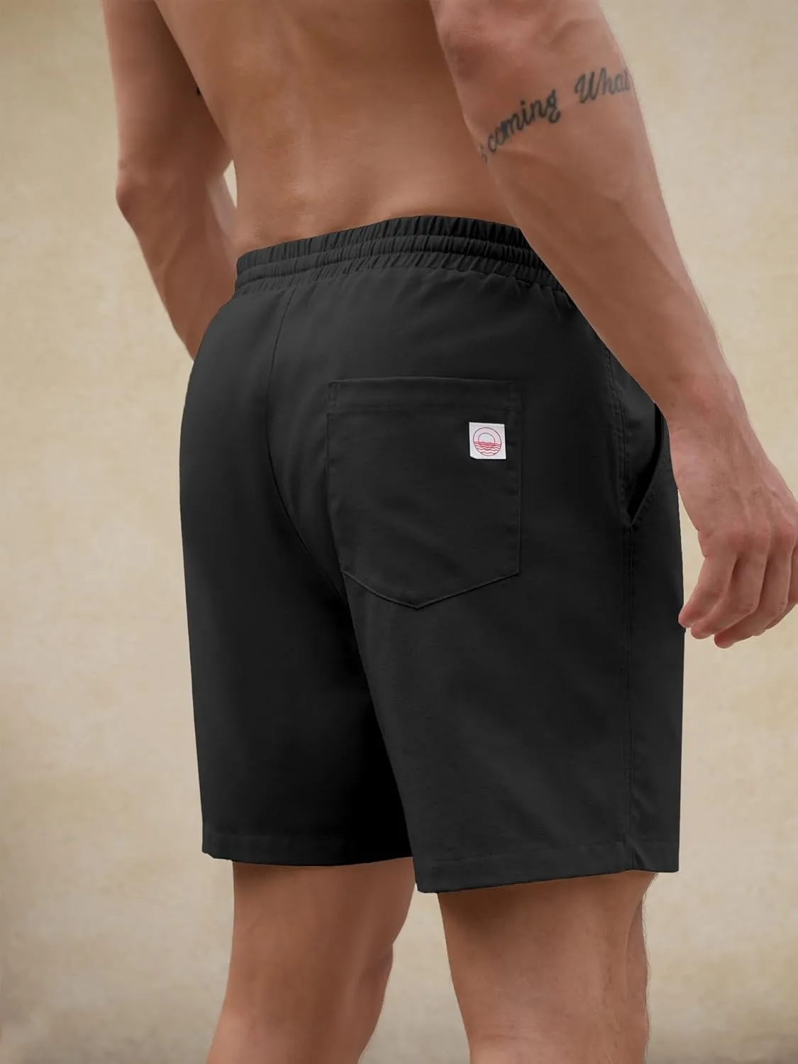 PLEPAN Mens 5 Inch Linen Shorts - Casual Elastic Waist Drawstring Summer Beach Shorts with Pocket