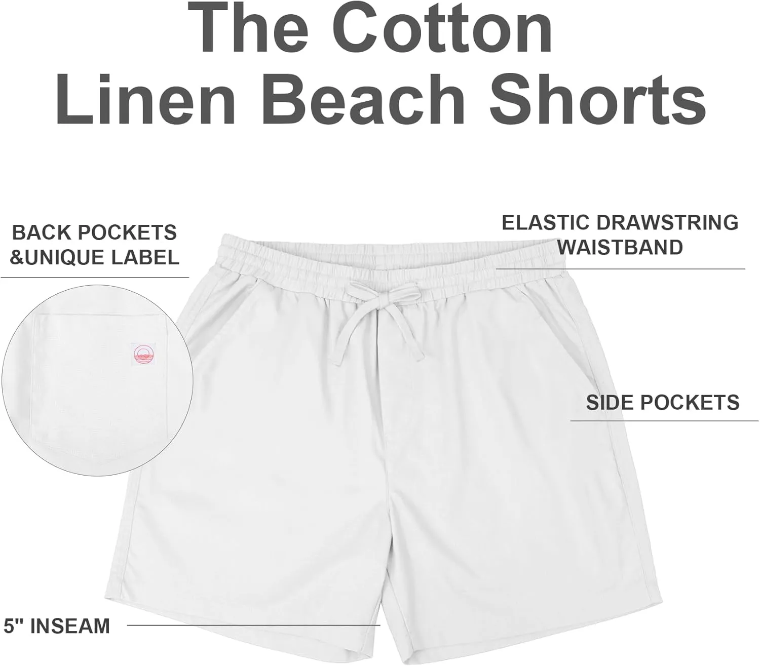 PLEPAN Mens 5 Inch Linen Shorts - Casual Elastic Waist Drawstring Summer Beach Shorts with Pocket