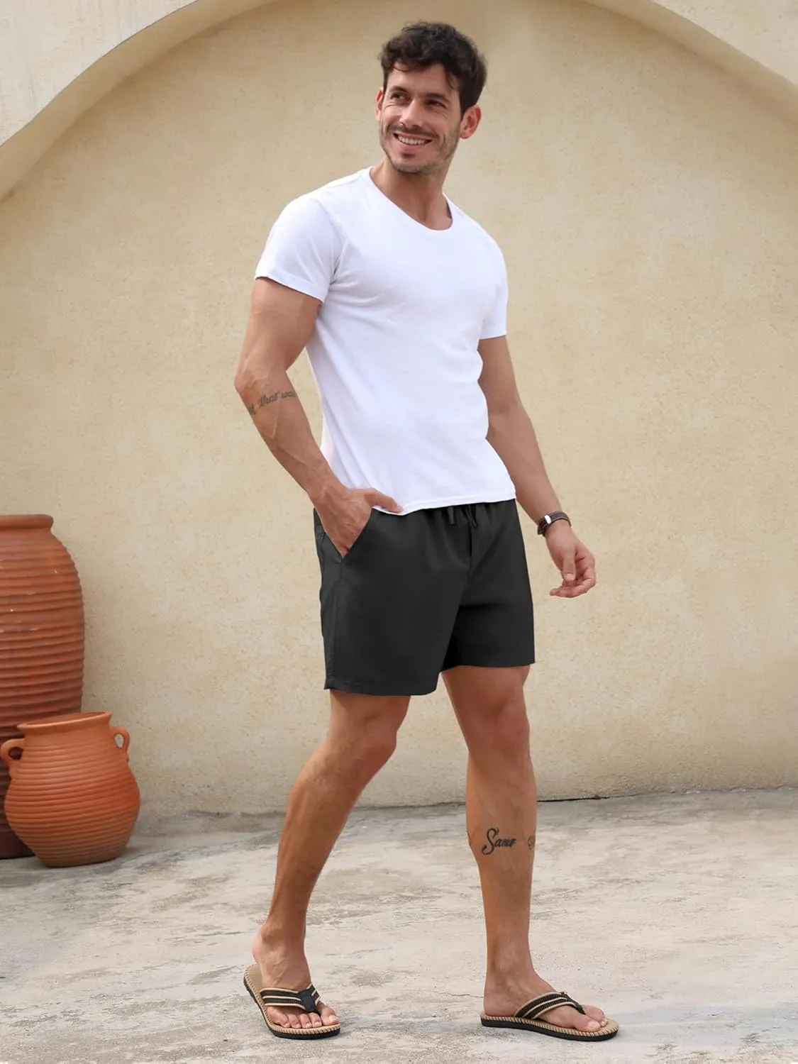 PLEPAN Mens 5 Inch Linen Shorts - Casual Elastic Waist Drawstring Summer Beach Shorts with Pocket