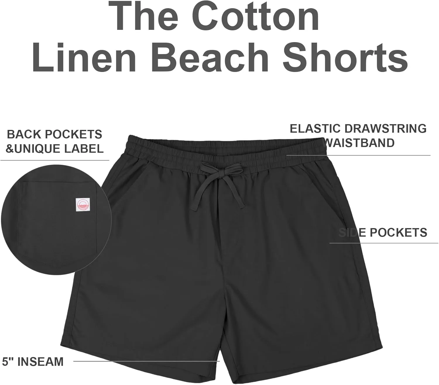 PLEPAN Mens 5 Inch Linen Shorts - Casual Elastic Waist Drawstring Summer Beach Shorts with Pocket