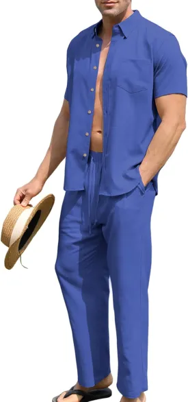 URRU Men??s 2 Piece Linen Outfit Summer Beach Short Sleeve Button Down Shirt and Pants Set