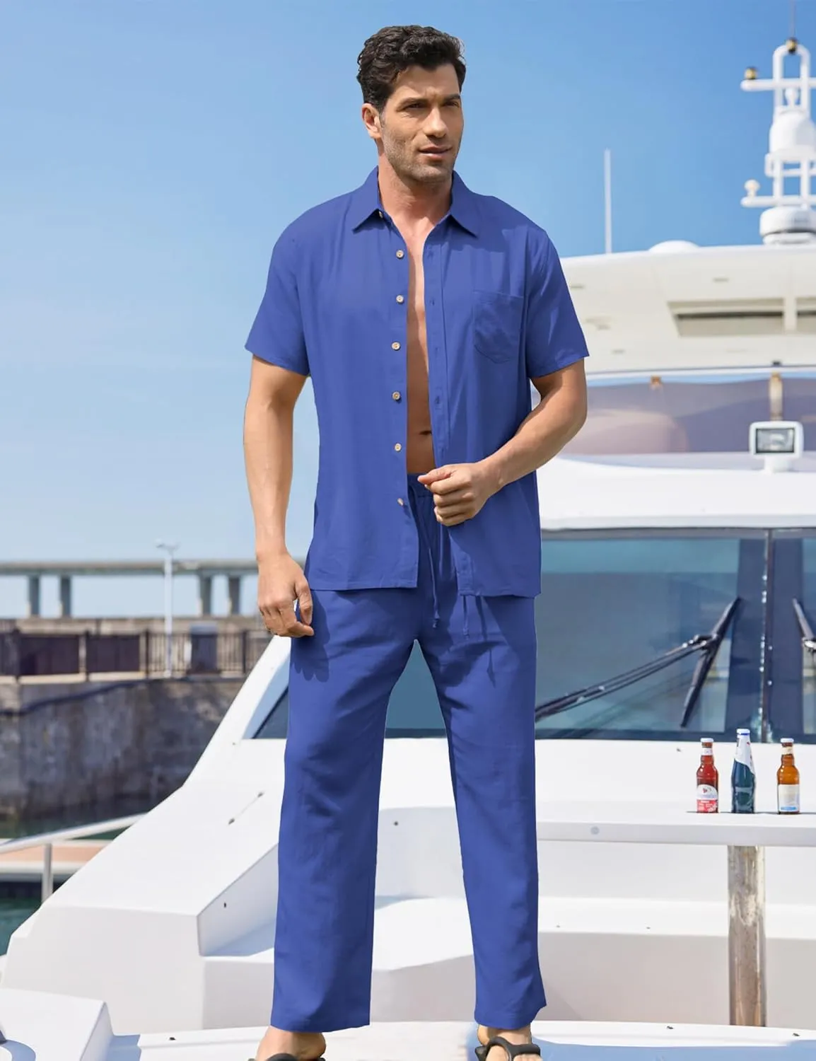 URRU Men??s 2 Piece Linen Outfit Summer Beach Short Sleeve Button Down Shirt and Pants Set